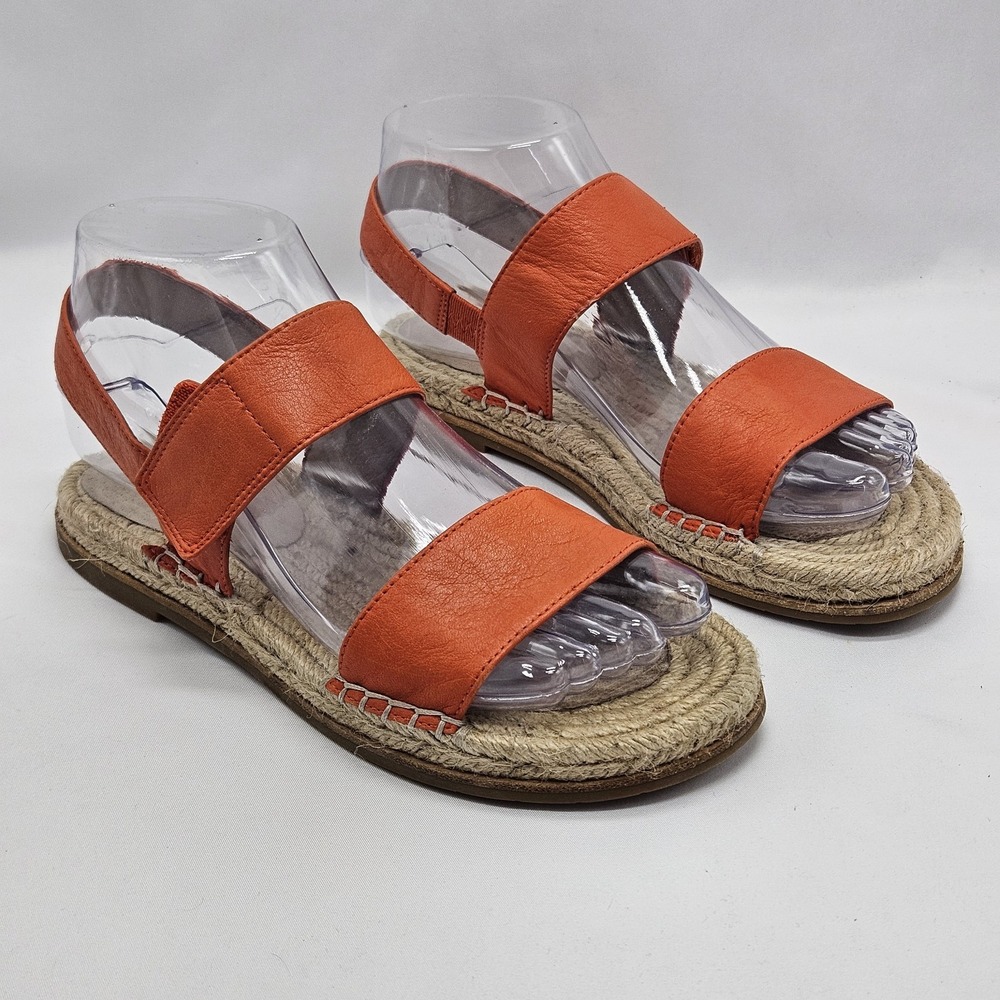 Eileen Fisher Sandals‎ Sz 6 Max Washed Espadrille Leather Flat Strapback Orange